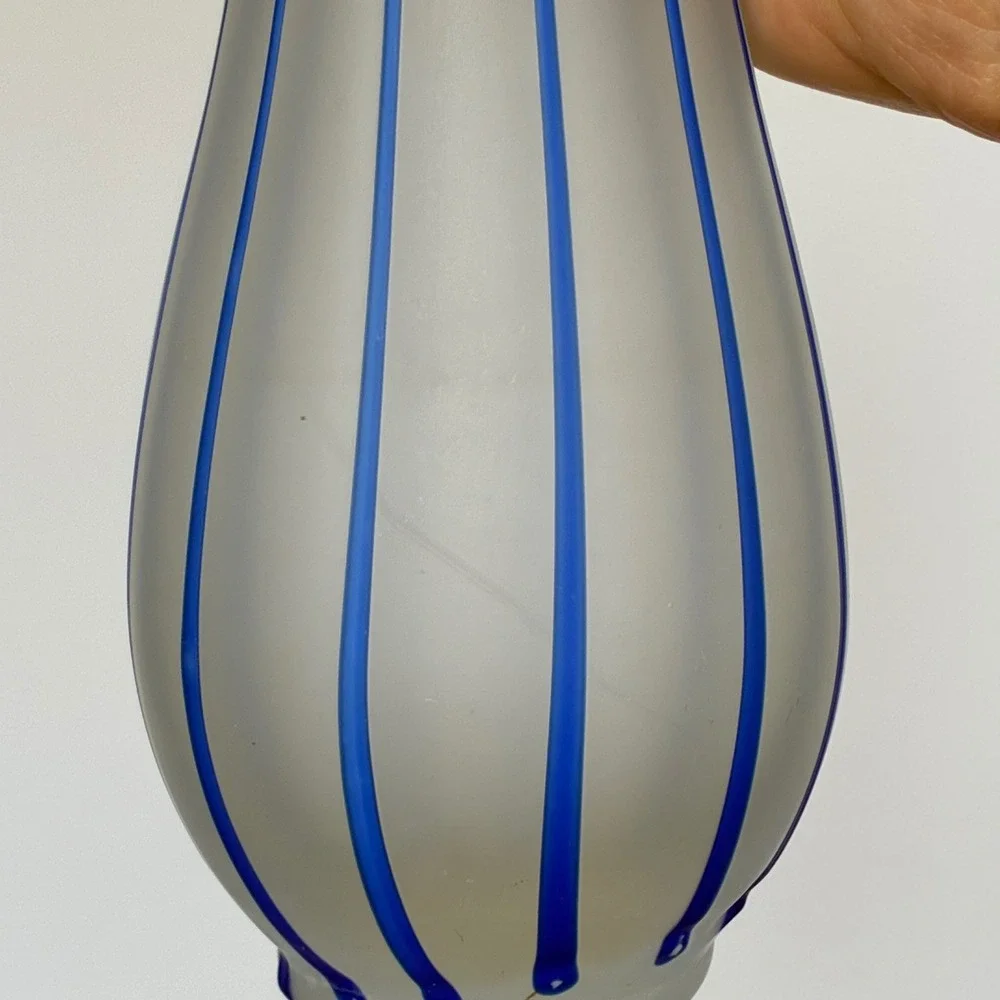 Vtg Pier 1 Satin Glass Vase Cobalt Blue Vertical Stripes Satin Finish 8.25 inch